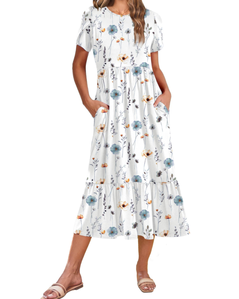 Emily Women's Tiered Midi Dress – A-Line Dress with Pockets for Work and Vacation