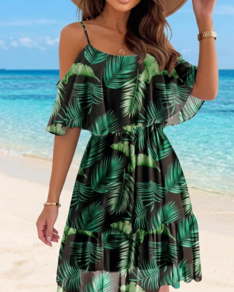 Mini-robe fleurie Daisy pour femme – épaules dénudées, ourlet volanté, robe d’été de plage