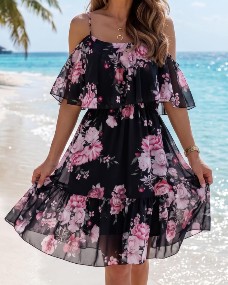 Mini-robe fleurie Daisy pour femme – épaules dénudées, ourlet volanté, robe d’été de plage