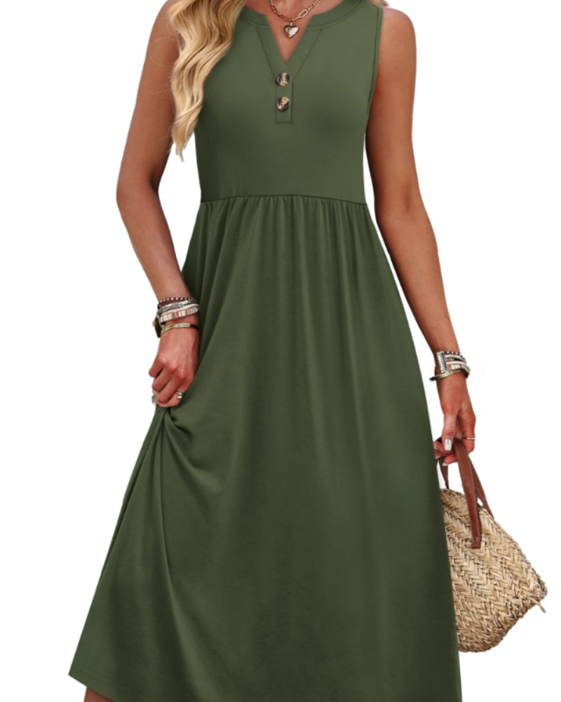 Maxi abito da donna Sophia – Abito con scollo a V, bottoni sul davanti, tasche e spacco laterale