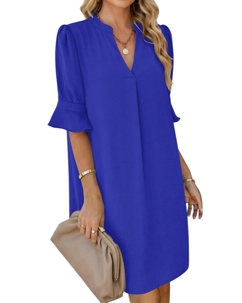 Penelope Women's Shirt Dress – V-Neck A-Line Dress with Ruffle Sleeves and Pockets