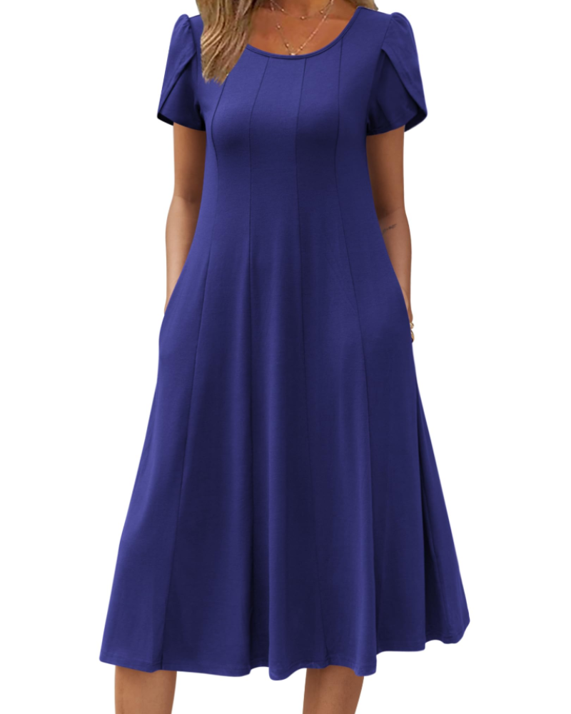 Lydia Women's Midi Dress – A-Line Short Sleeve Dress with Pockets