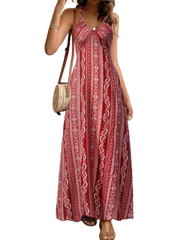 Abito maxi bohémien da donna Sienna – abito estivo senza maniche con scollo a V e stampa etnica