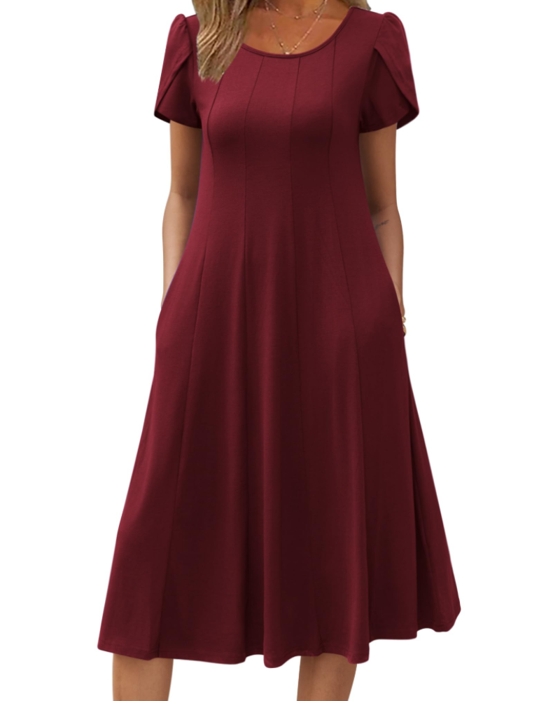 Lydia Women's Midi Dress – A-Line Short Sleeve Dress with Pockets