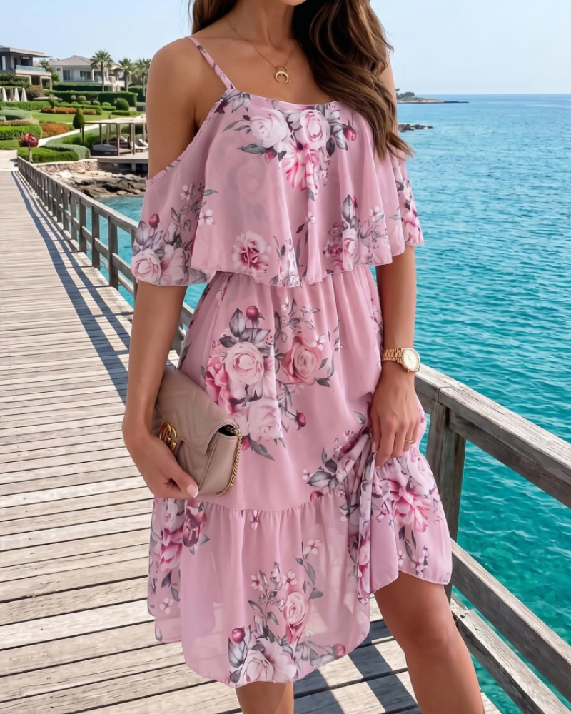 Mini-robe fleurie Daisy pour femme – épaules dénudées, ourlet volanté, robe d’été de plage