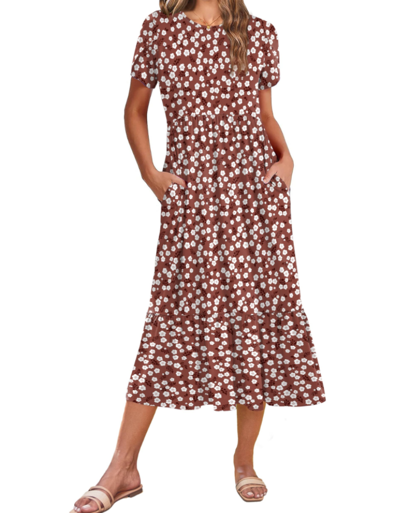 Emily Women's Tiered Midi Dress – A-Line Dress with Pockets for Work and Vacation