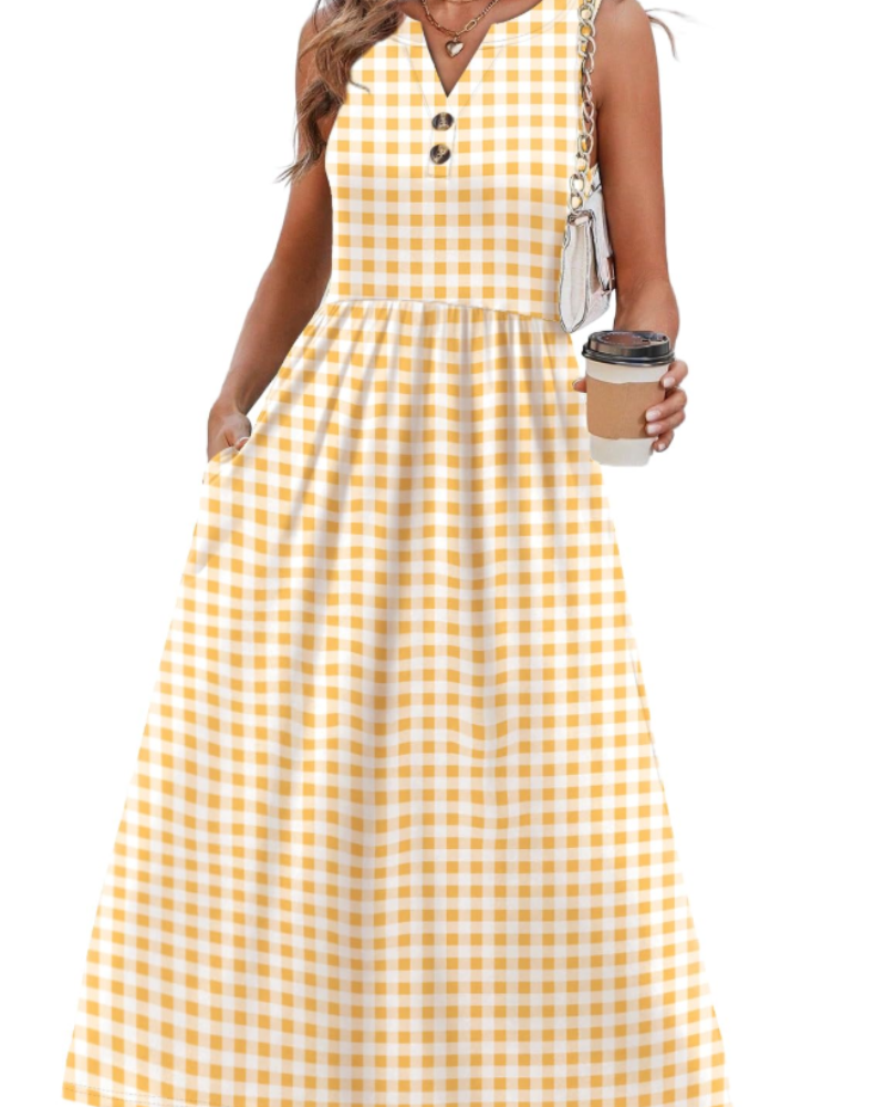 Maxi abito da donna Sophia – Abito con scollo a V, bottoni sul davanti, tasche e spacco laterale
