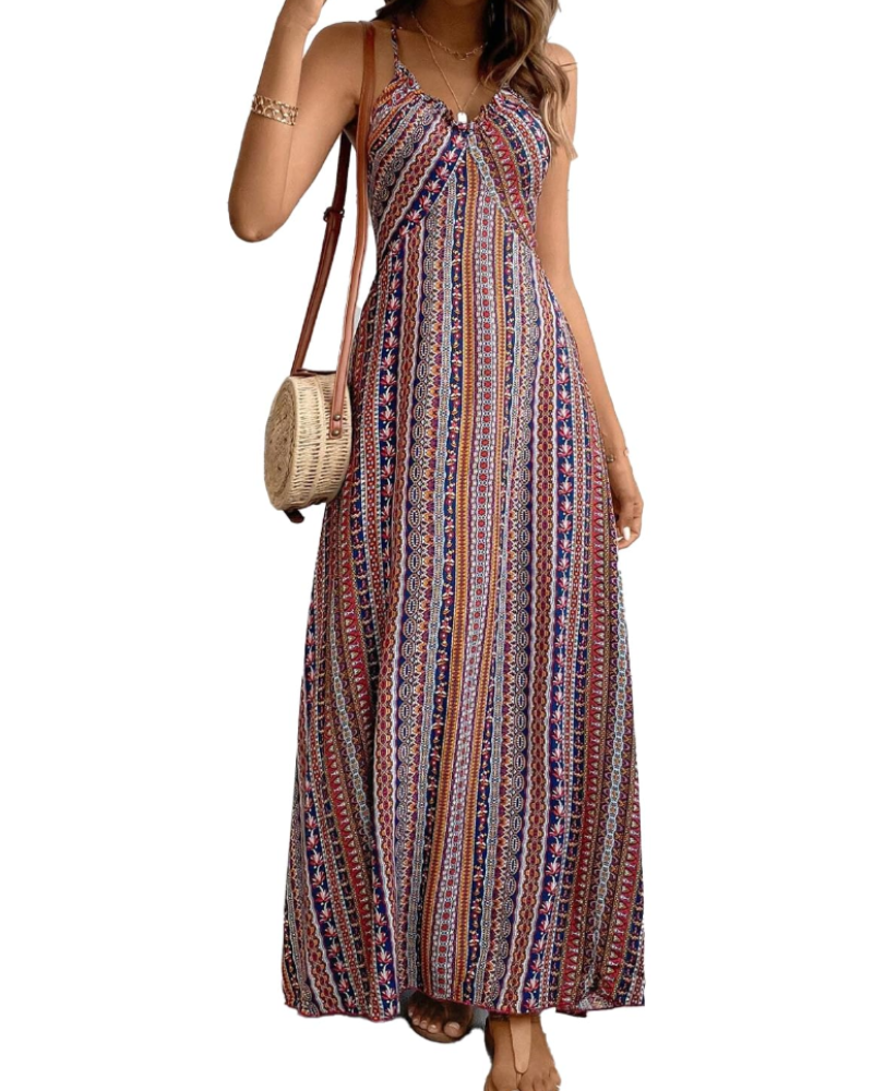 Abito maxi bohémien da donna Sienna – abito estivo senza maniche con scollo a V e stampa etnica