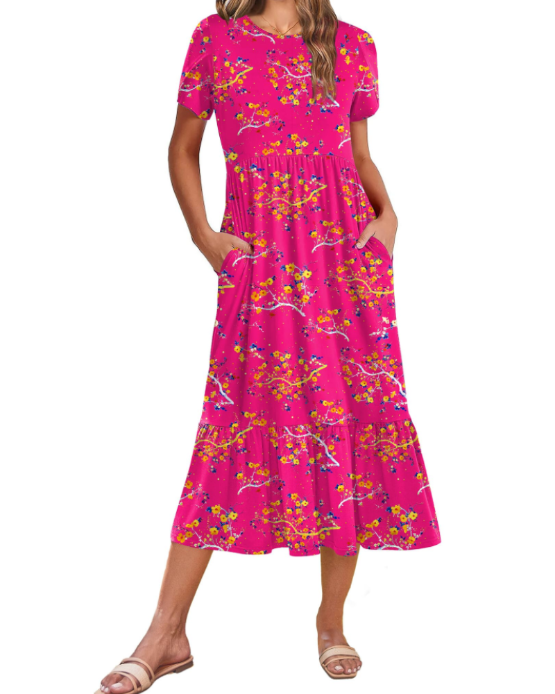 Emily Women's Tiered Midi Dress – A-Line Dress with Pockets for Work and Vacation