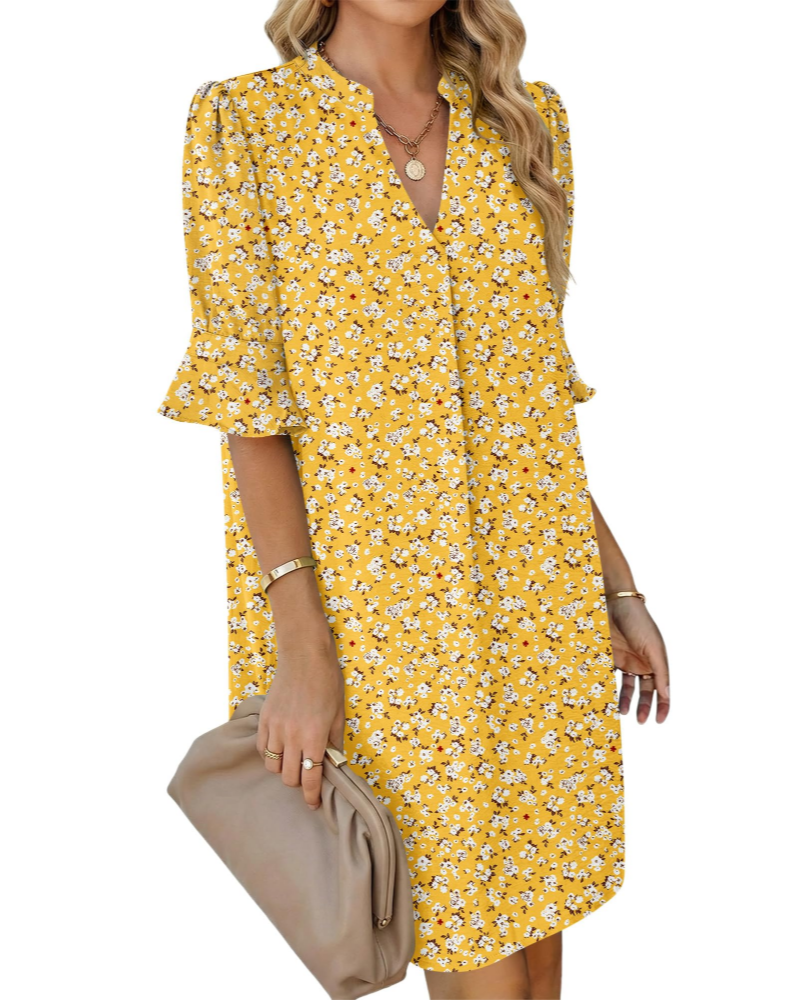 Penelope Women's Shirt Dress – V-Neck A-Line Dress with Ruffle Sleeves and Pockets