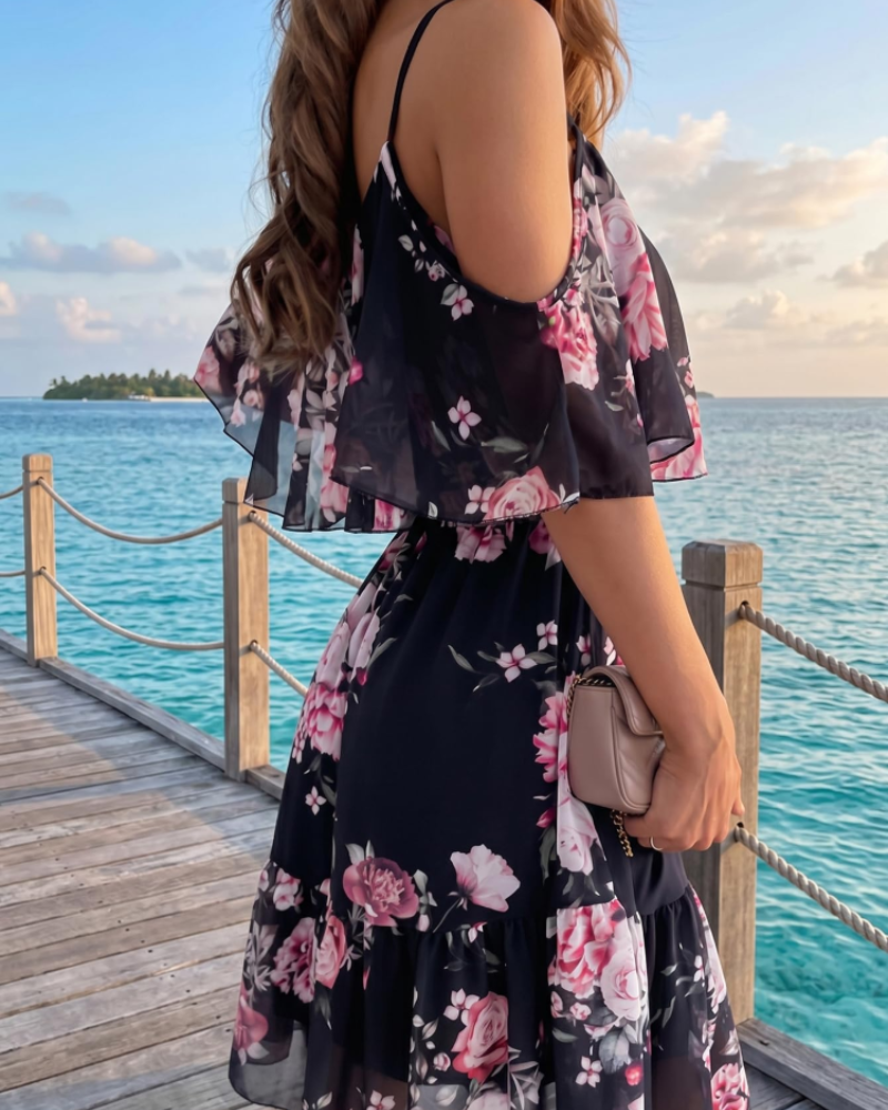Mini-robe fleurie Daisy pour femme – épaules dénudées, ourlet volanté, robe d’été de plage