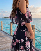 Mini-robe fleurie Daisy pour femme – épaules dénudées, ourlet volanté, robe d’été de plage
