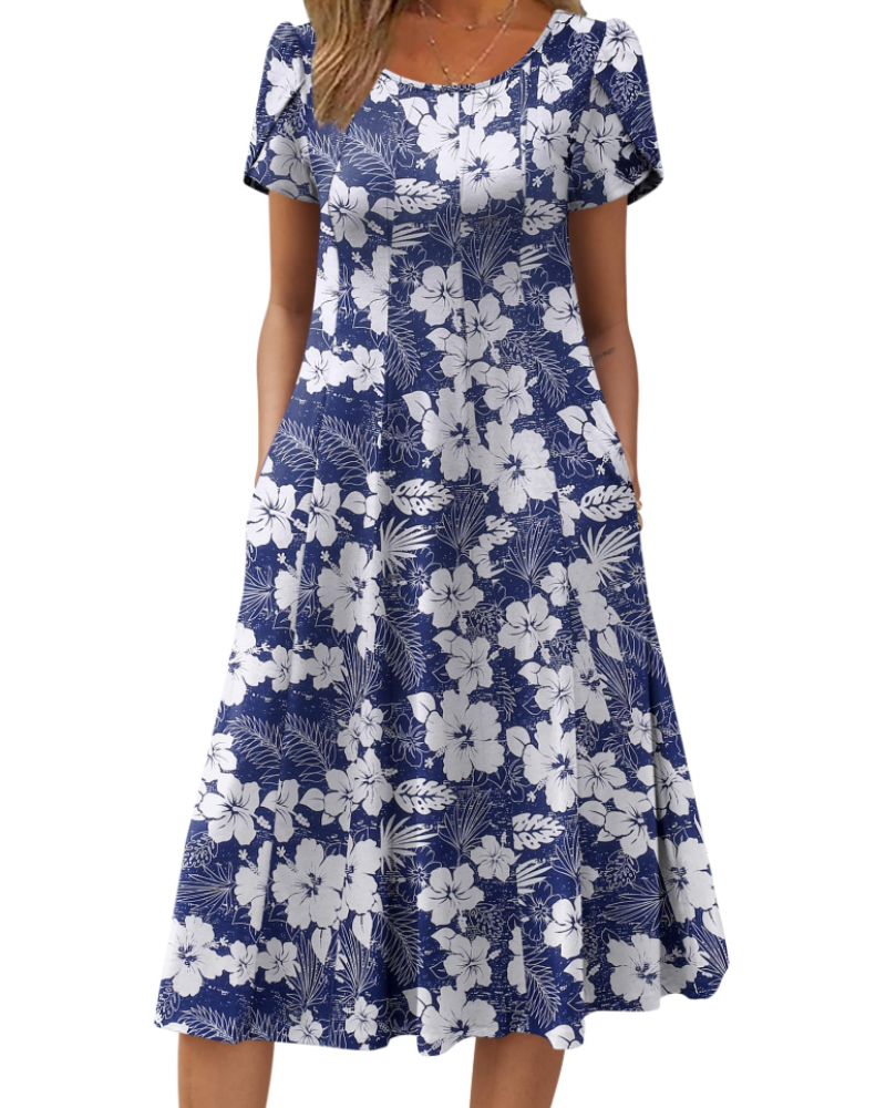 Lydia Women's Midi Dress – A-Line Short Sleeve Dress with Pockets