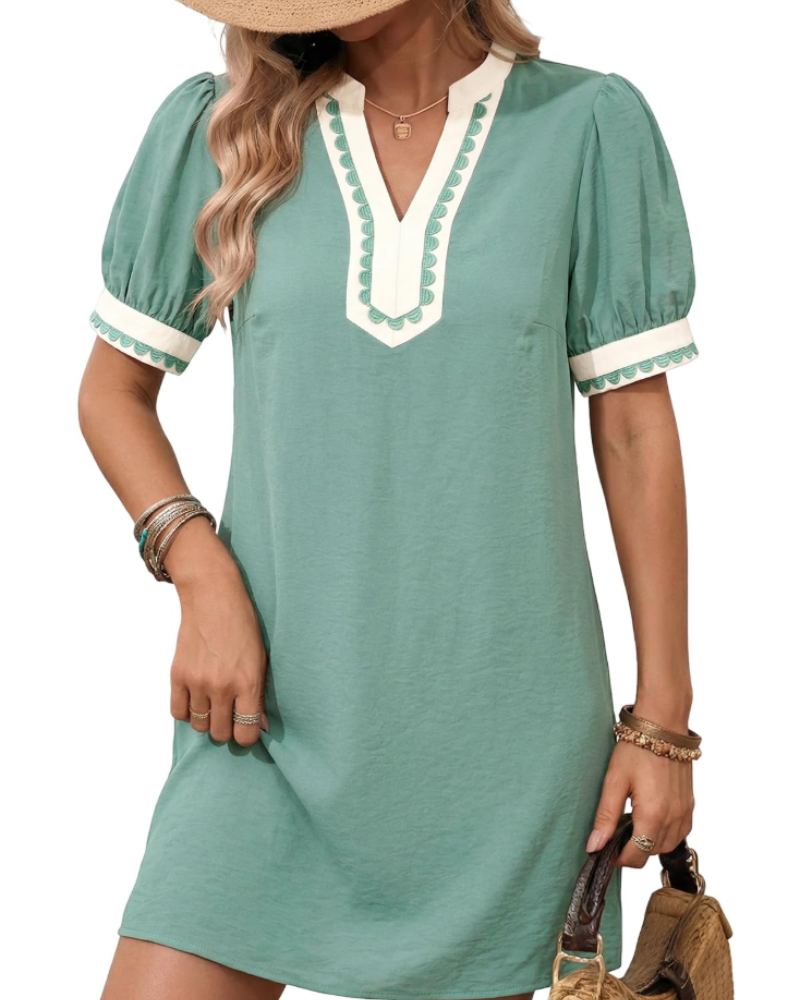 Charlotte Women's Boho Mini Dress – V-Neck Puff Sleeve A-Line Dress for Summer