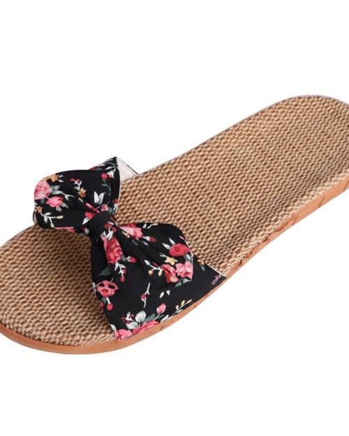 Sandalias planas de lino de mujer Bella – Chanclas de punta abierta con lazo de mariposa para el verano