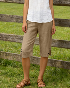 Pantalones capri de mujer Naomi – Pantalones cortos de lino y algodón, de tiro alto, con cordón y bolsillos