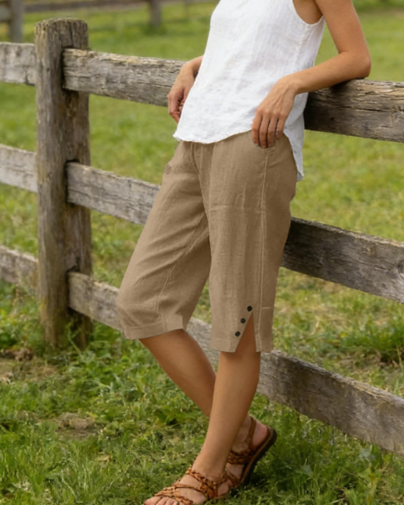 Pantalones capri de mujer Naomi – Pantalones cortos de lino y algodón, de tiro alto, con cordón y bolsillos