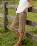 Pantalones capri de mujer Naomi – Pantalones cortos de lino y algodón, de tiro alto, con cordón y bolsillos
