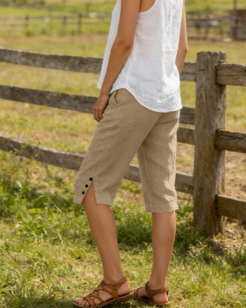 Pantalones capri de mujer Naomi – Pantalones cortos de lino y algodón, de tiro alto, con cordón y bolsillos
