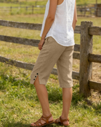 Pantalones capri de mujer Naomi – Pantalones cortos de lino y algodón, de tiro alto, con cordón y bolsillos