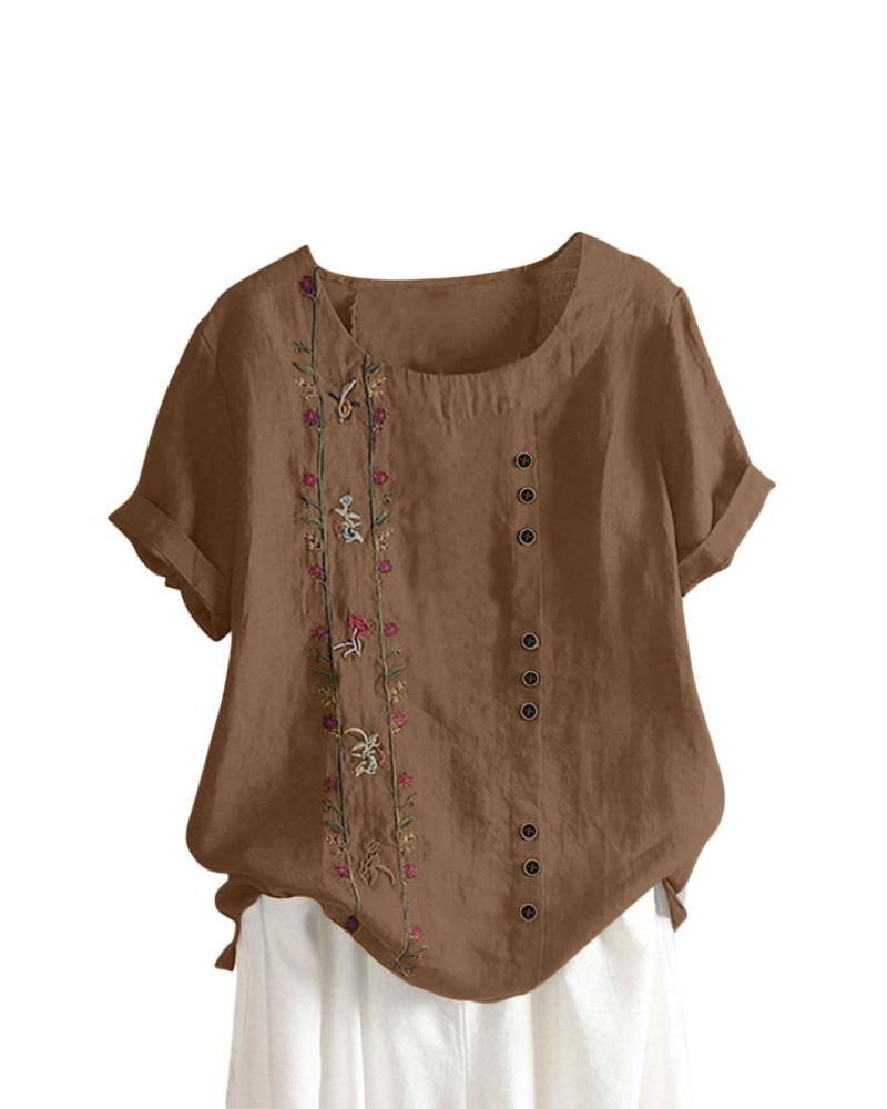 Blusa floral para mujer Brooke – Top de verano de algodón y lino, corte holgado y manga corta