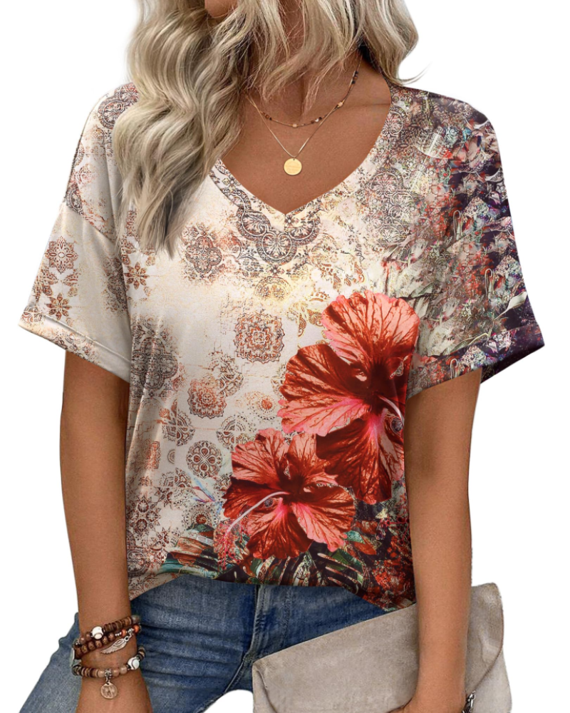 Top tipo túnica para mujer Mabel – Blusa informal de verano con estampado, escote en V y corte holgado