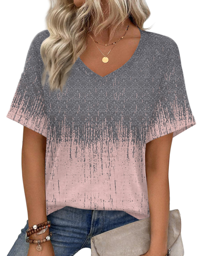 Top tipo túnica para mujer Mabel – Blusa informal de verano con estampado, escote en V y corte holgado