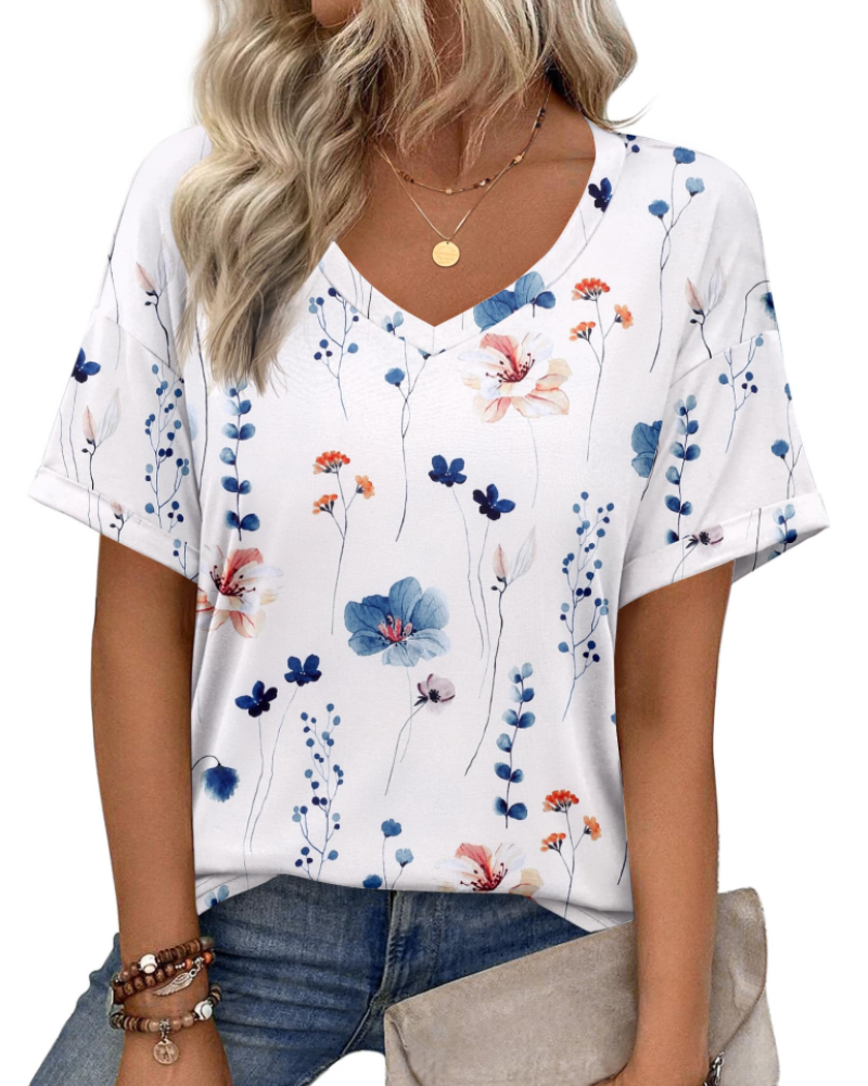 Top tipo túnica para mujer Mabel – Blusa informal de verano con estampado, escote en V y corte holgado
