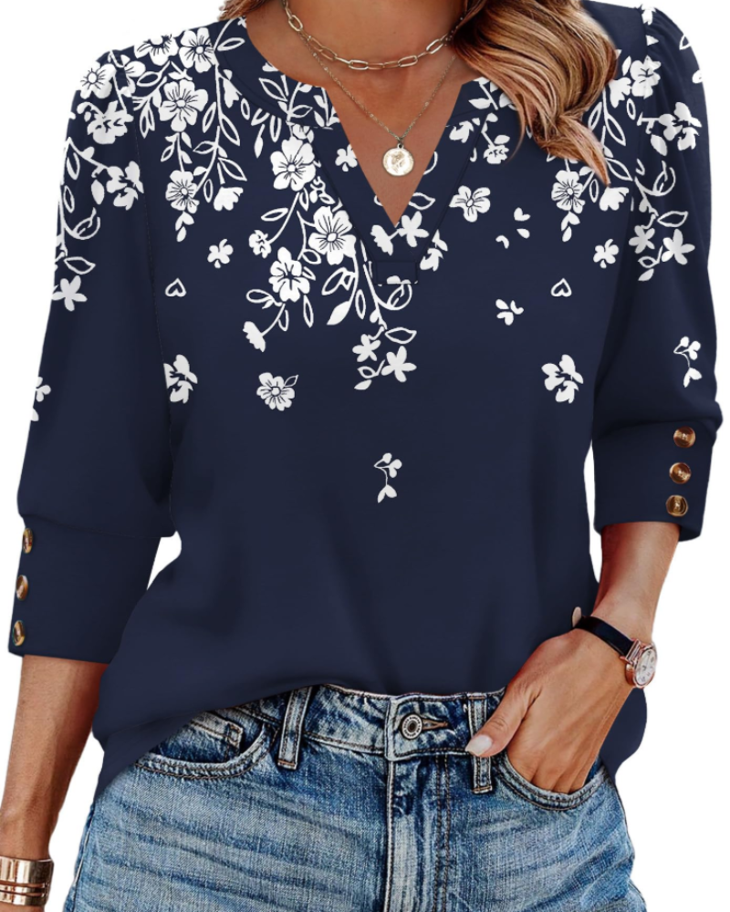 Claire Women's V-Neck Blouse – 3/4 Sleeve Button Cuff Top for Office and Casual Wear