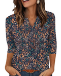 Blouse à col en V Aubrey pour femme – manches 3/4, devant plissé, haut d’été casual