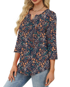 Blouse à col en V Aubrey pour femme – manches 3/4, devant plissé, haut d’été casual