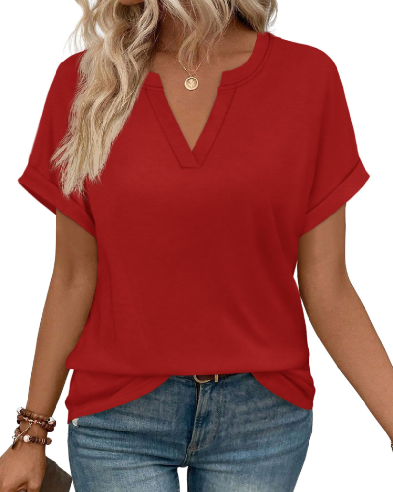 Emily Women's V-Neck Blouse – Rolled Sleeve Tunic Top for Work and Summer Outfits