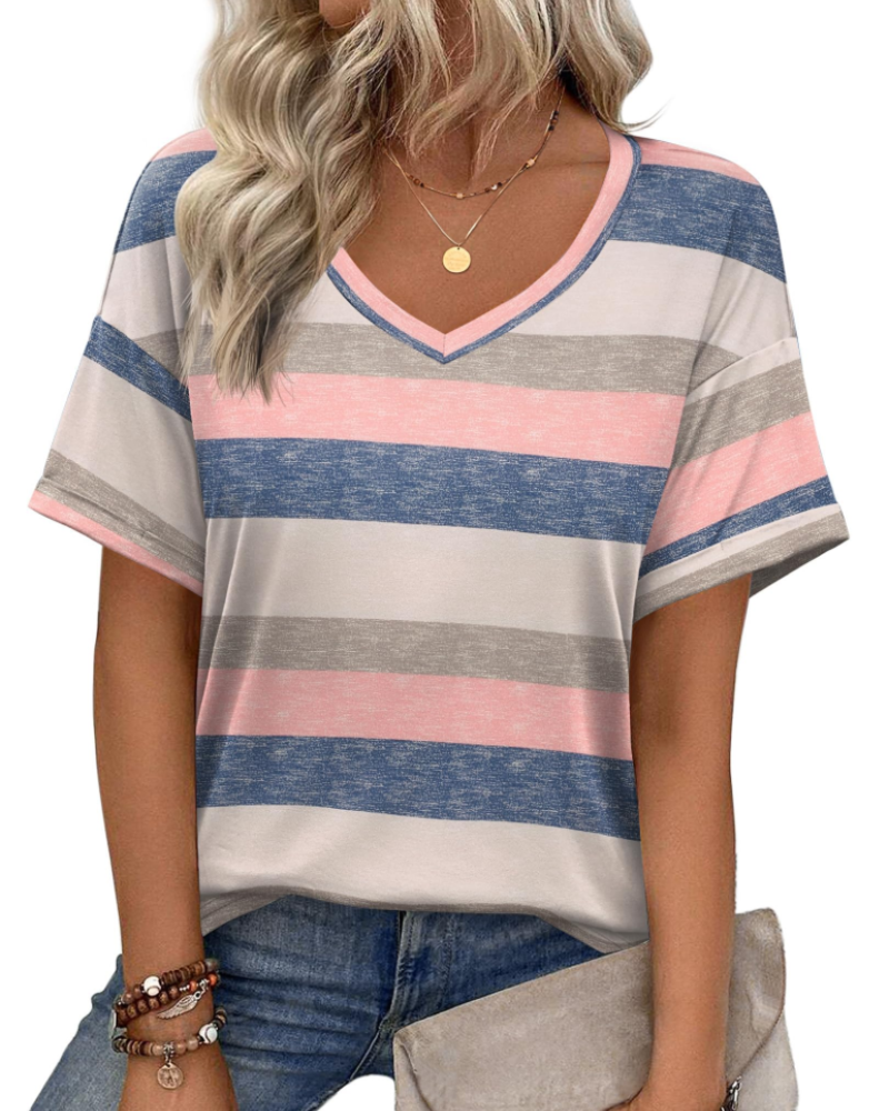 Top tipo túnica para mujer Mabel – Blusa informal de verano con estampado, escote en V y corte holgado