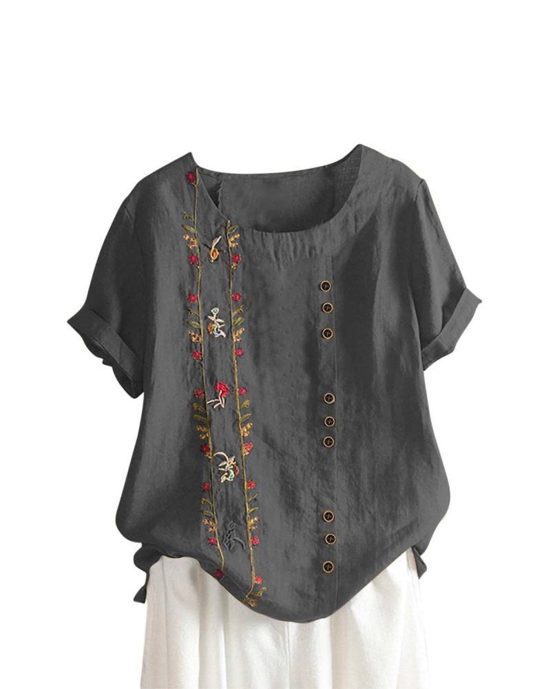 Blusa floral para mujer Brooke – Top de verano de algodón y lino, corte holgado y manga corta