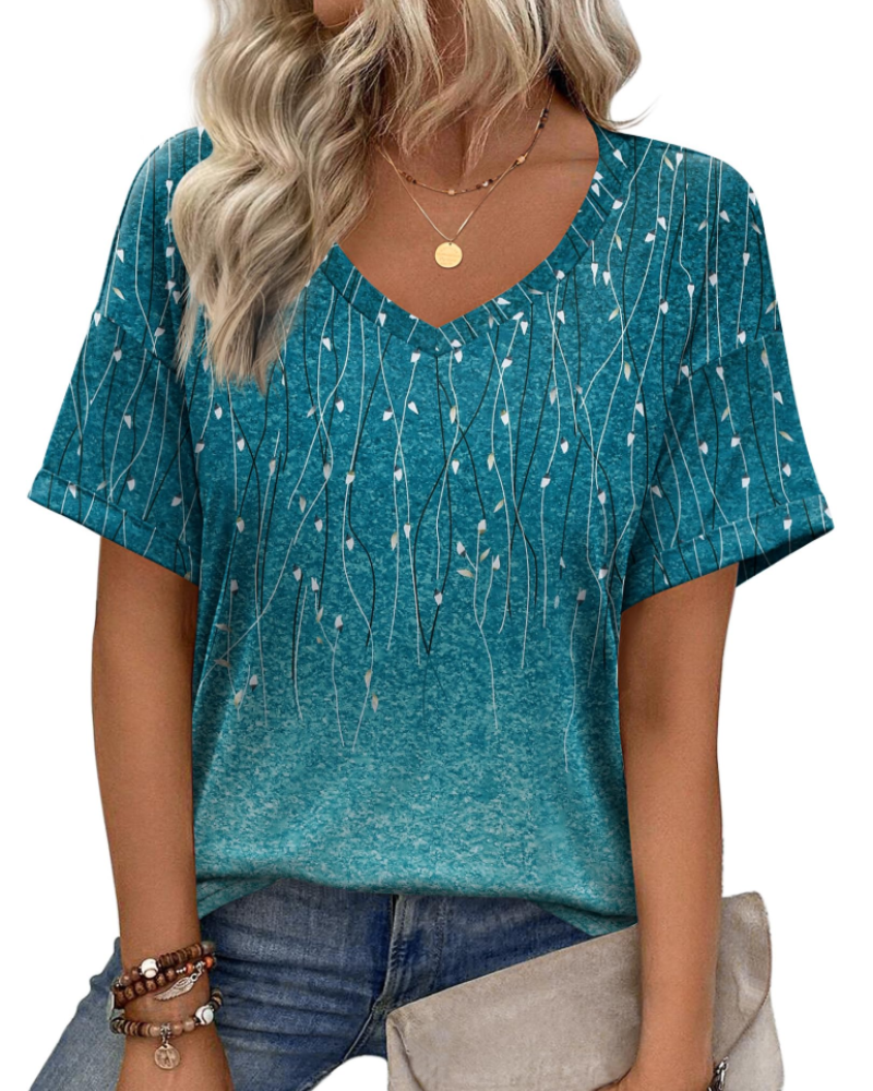 Top tipo túnica para mujer Mabel – Blusa informal de verano con estampado, escote en V y corte holgado