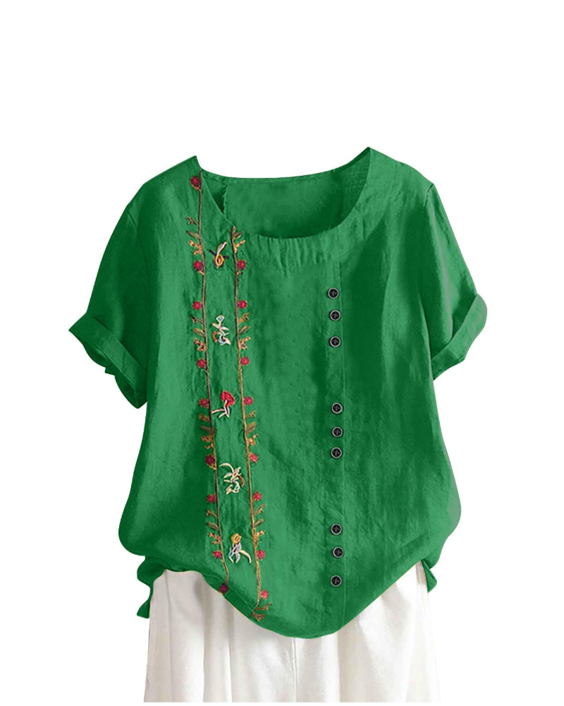 Blusa floral para mujer Brooke – Top de verano de algodón y lino, corte holgado y manga corta
