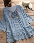 Camicetta boho da donna Savannah – Top con scollo a V ricamato, bordo in pizzo e maniche a campana