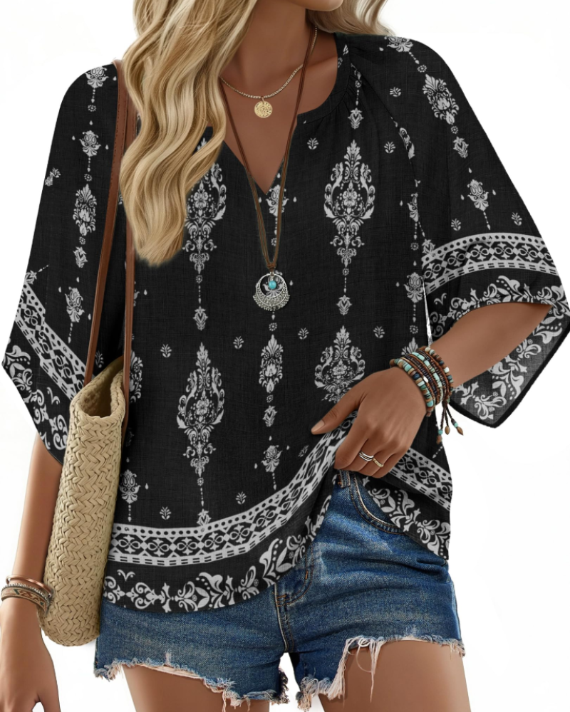 Blusa túnica bohemia para mujer Carmen – Top floral vaporoso de verano con escote en V y corte informal
