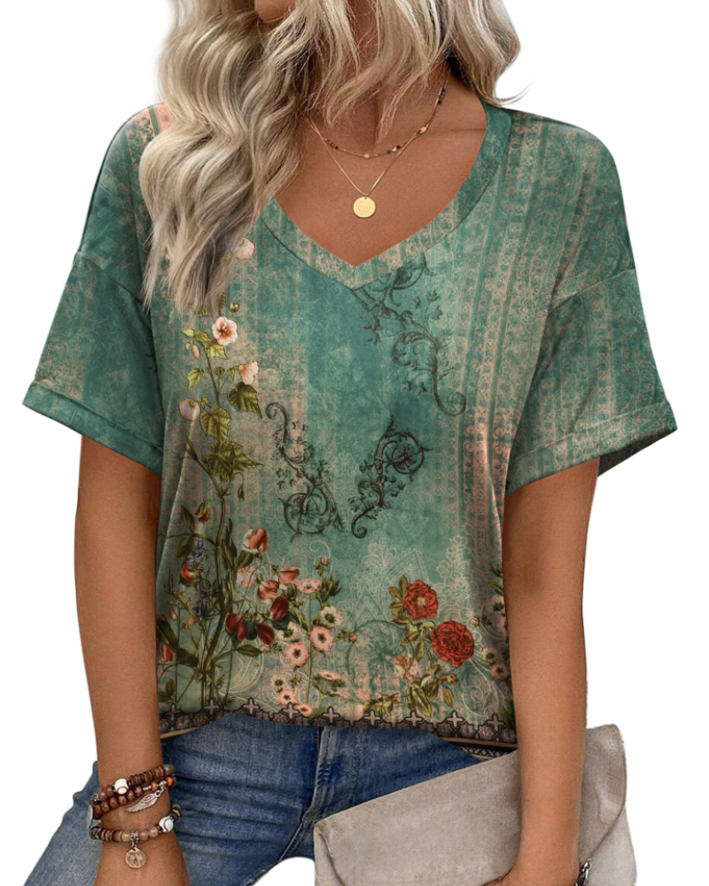 Top tipo túnica para mujer Mabel – Blusa informal de verano con estampado, escote en V y corte holgado