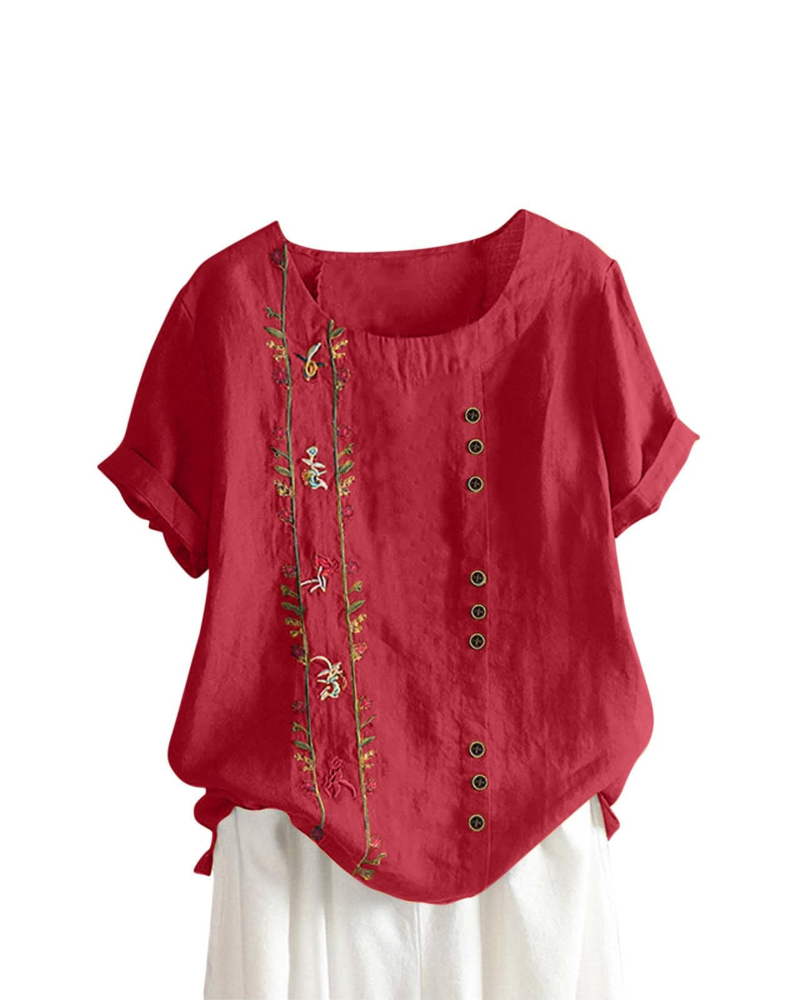 Blusa floral para mujer Brooke – Top de verano de algodón y lino, corte holgado y manga corta