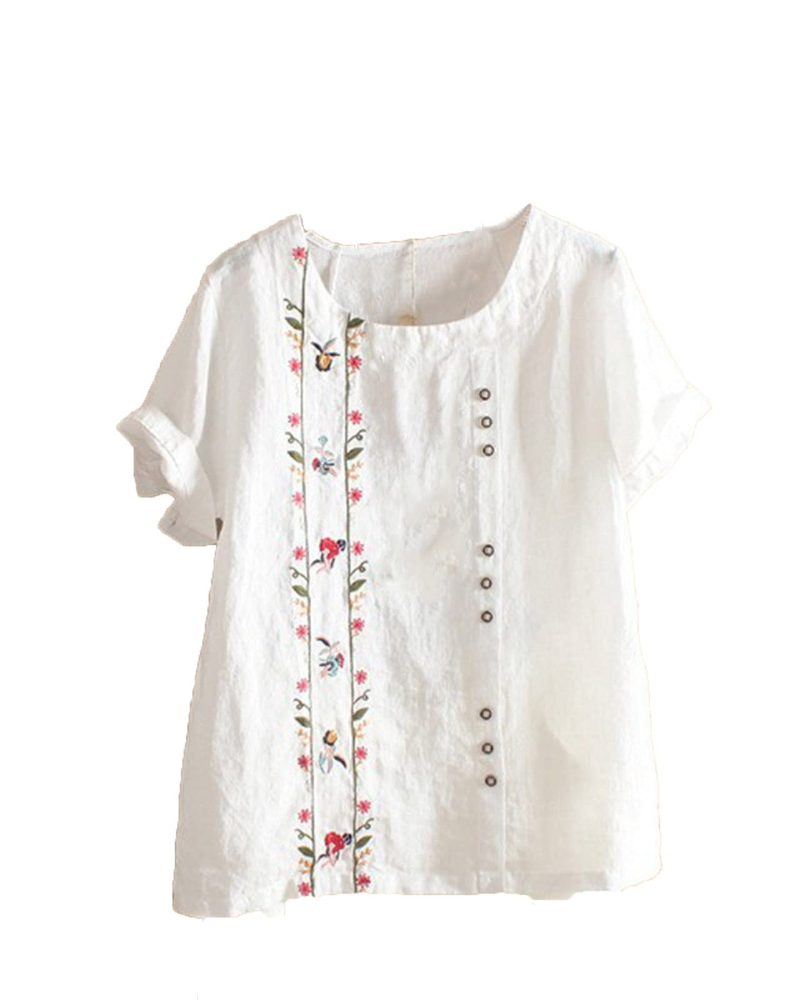 Blusa floral para mujer Brooke – Top de verano de algodón y lino, corte holgado y manga corta