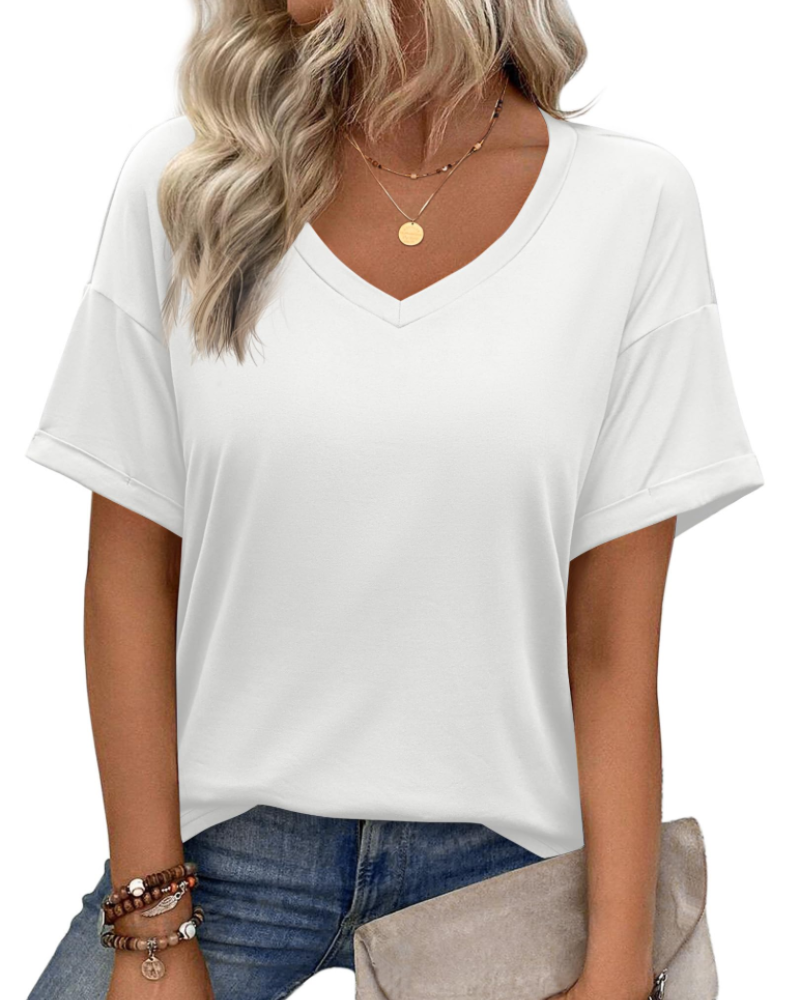 Top tipo túnica para mujer Mabel – Blusa informal de verano con estampado, escote en V y corte holgado