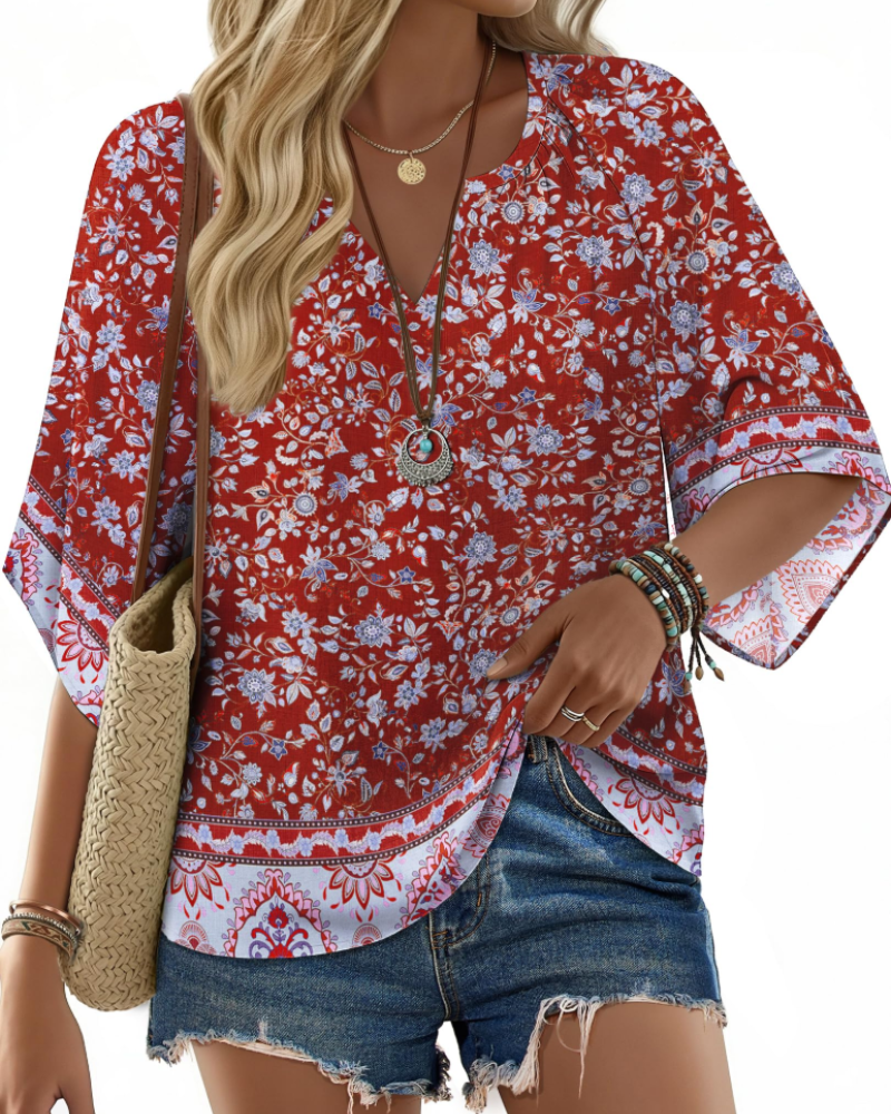 Blusa túnica bohemia para mujer Carmen – Top floral vaporoso de verano con escote en V y corte informal