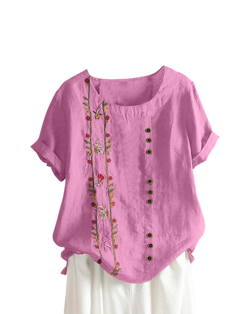 Blusa floral para mujer Brooke – Top de verano de algodón y lino, corte holgado y manga corta