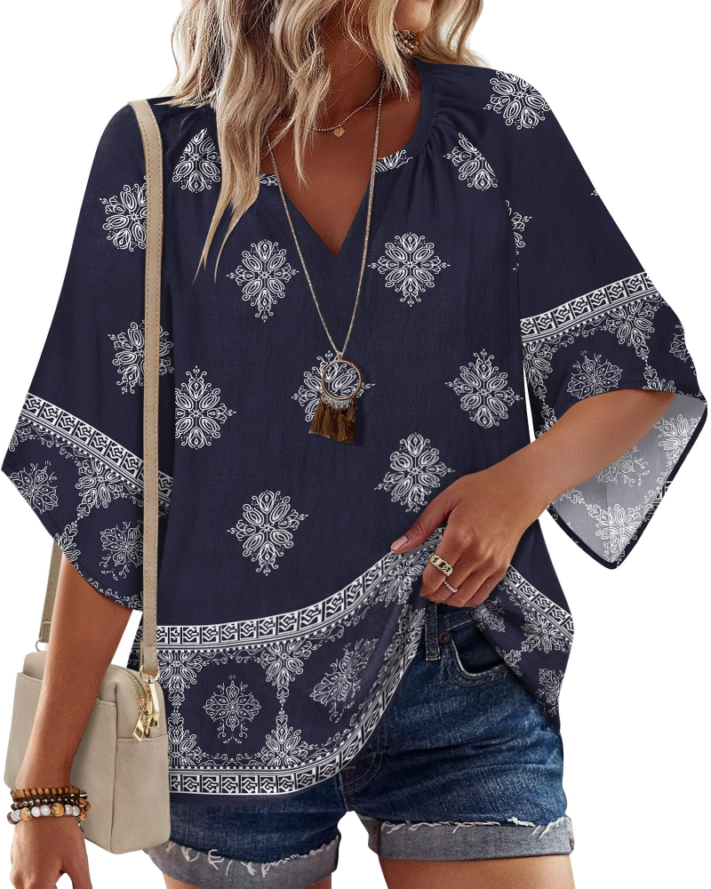 Blusa túnica bohemia para mujer Carmen – Top floral vaporoso de verano con escote en V y corte informal