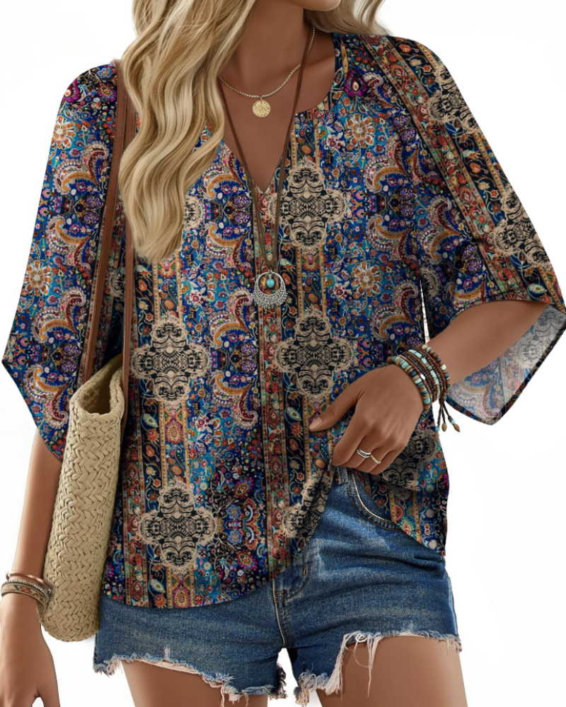 Blusa túnica bohemia para mujer Carmen – Top floral vaporoso de verano con escote en V y corte informal