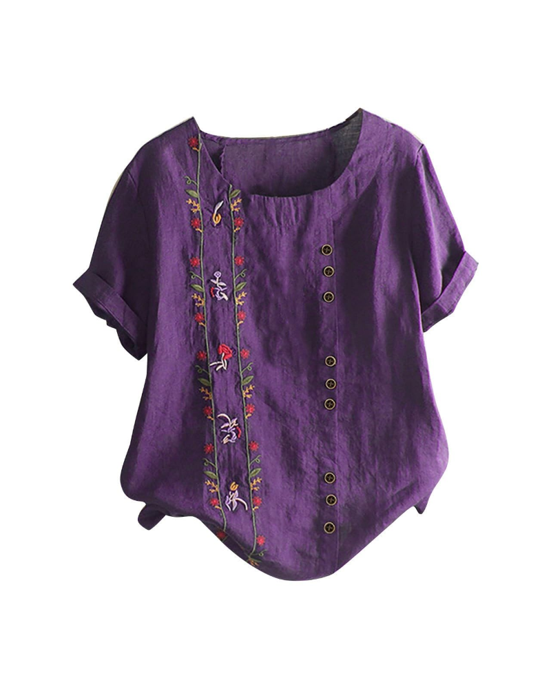 Blusa floral para mujer Brooke – Top de verano de algodón y lino, corte holgado y manga corta