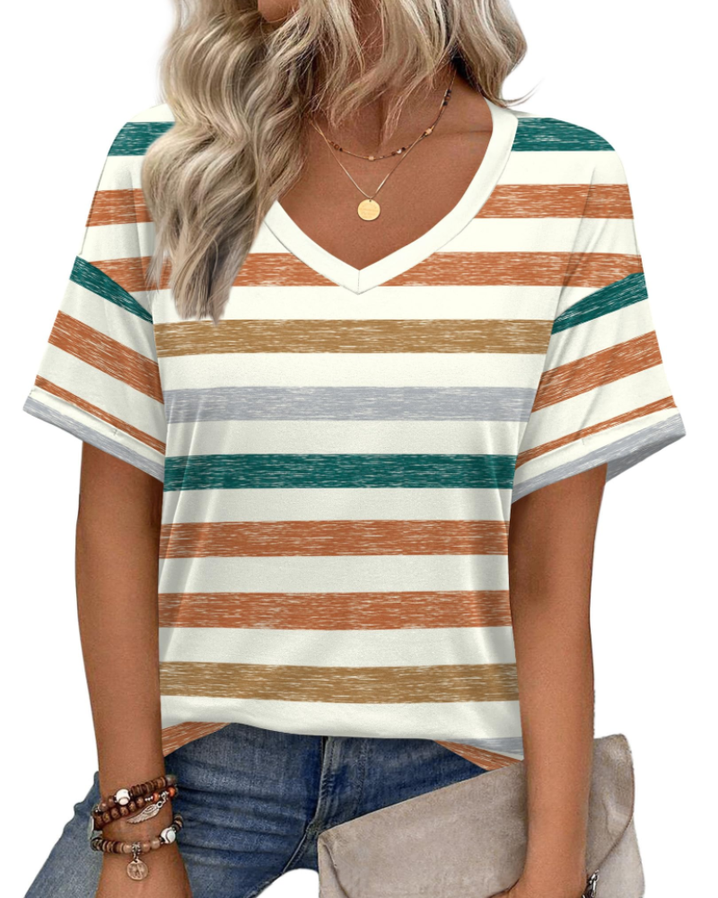 Top tipo túnica para mujer Mabel – Blusa informal de verano con estampado, escote en V y corte holgado