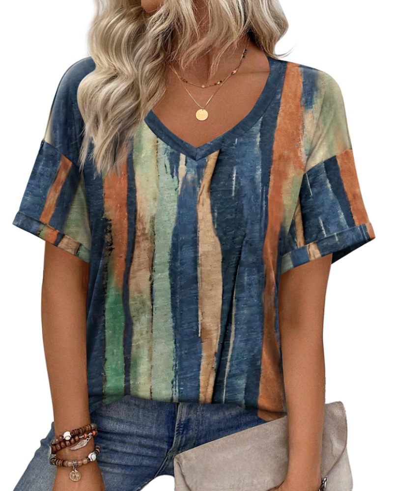 Top tipo túnica para mujer Mabel – Blusa informal de verano con estampado, escote en V y corte holgado