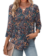 Blouse à col en V Aubrey pour femme – manches 3/4, devant plissé, haut d’été casual